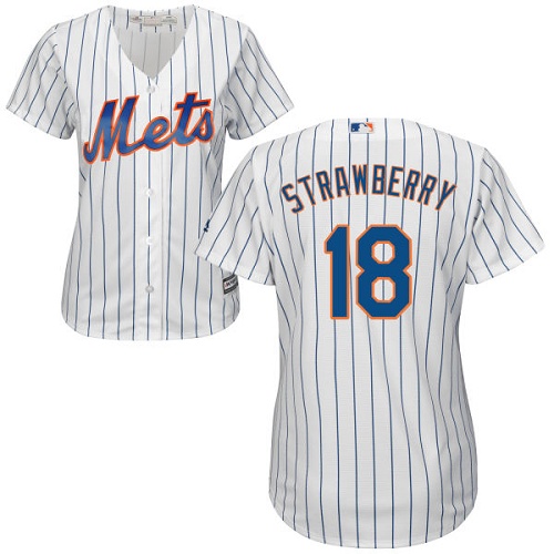 Mets #18 Darryl Strawberry White(Blue Strip) Home Women's Stitched MLB Jersey - Click Image to Close